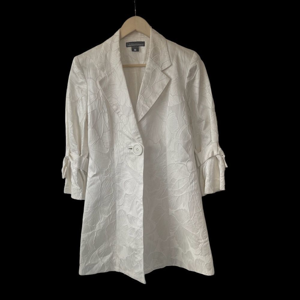Credibility By Sheri Drobinick Winter White Brocade Long Blazer Jacket Sz 8